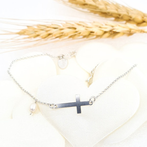 Pulseira Cruz com pérola  5001798 Afetos Prata Lei 925
