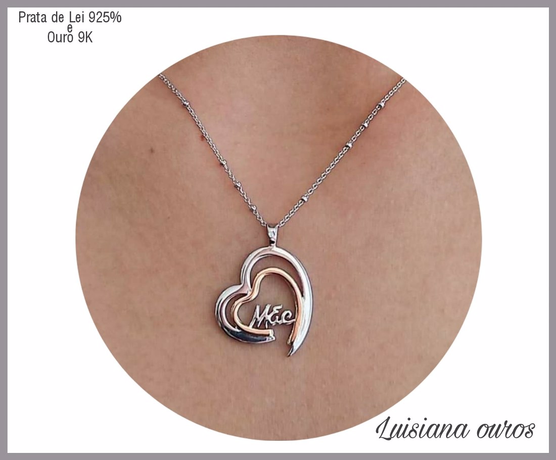 COLAR CORAÇAO MÃE 2G416PK9   em Prata de Lei 925 e ouro 9K Barroso