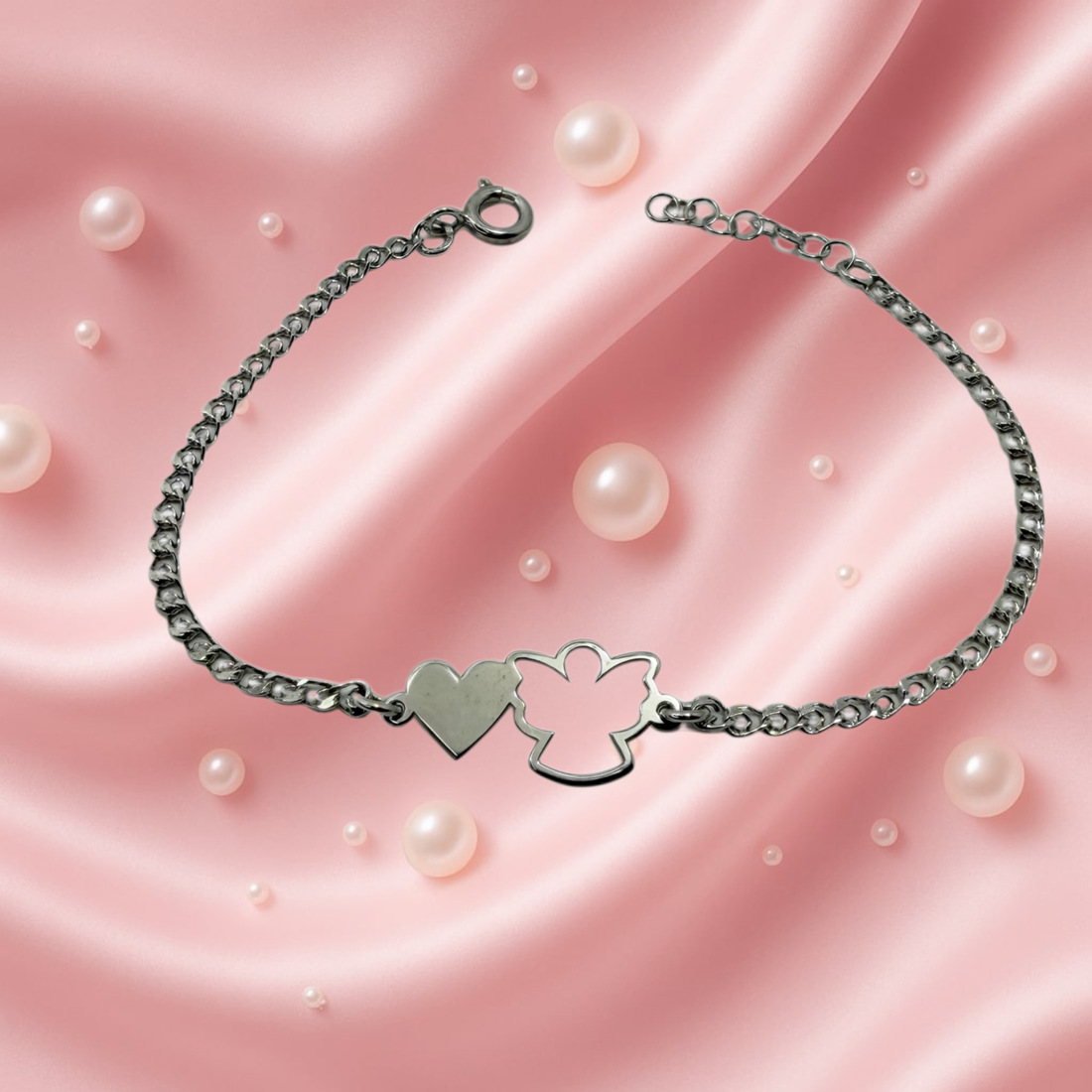 PULSEIRA MENINA ANJO E CORAÇÃO Prata de Lei 925